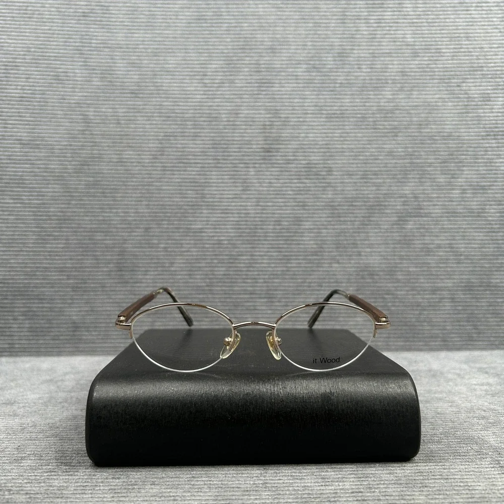 It Wood Gold Semi Rimless Oval Y2k Eyeglass Frames Wood Temples 47-20-140 C1